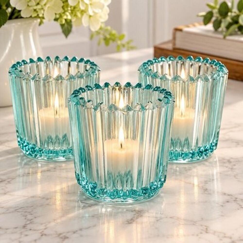 Vintage Aqua Blue Ribbed Sawtooth Glass Votive Candle Holders Set of 3
